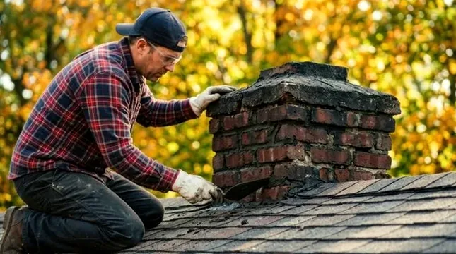 Mason inspecting and repairing the top of a masonry chimney in Dublin, Ohio